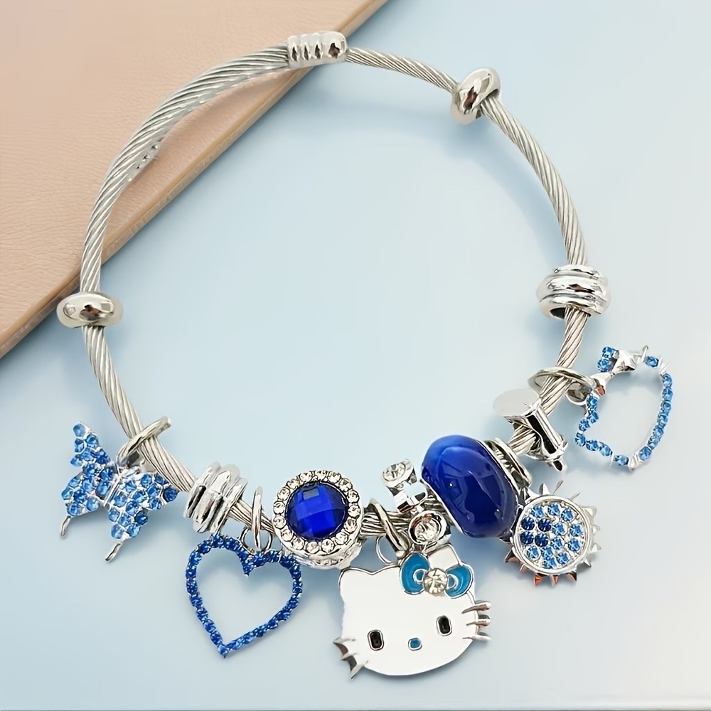 Hello Kitty Blue Charm Bracelet Silver Tone Cable Style Rhinestone Heart
